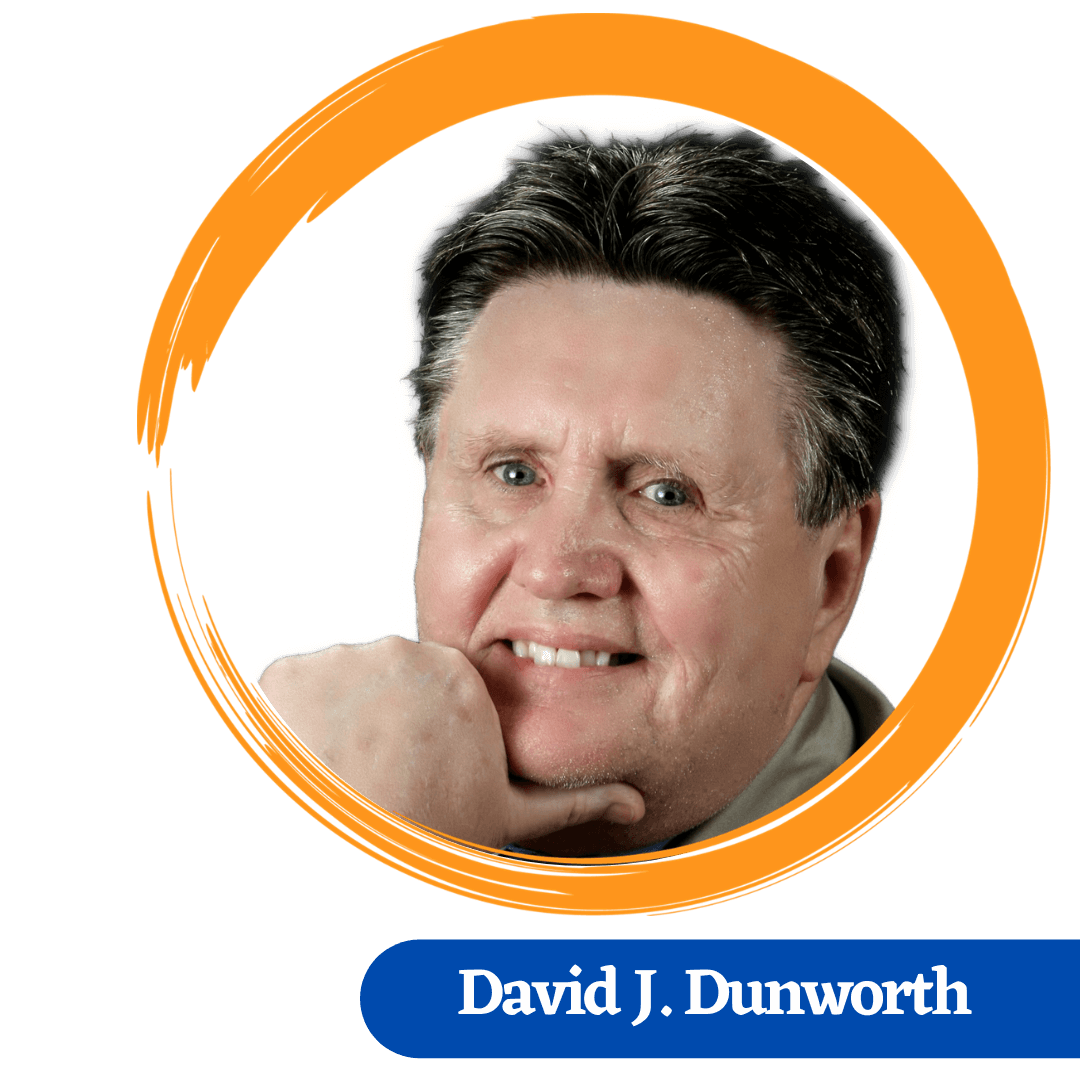 Head shot of David Dunnworth, with his hand holding his chin. surrounded by a painted yellow circle and a blue name tag.