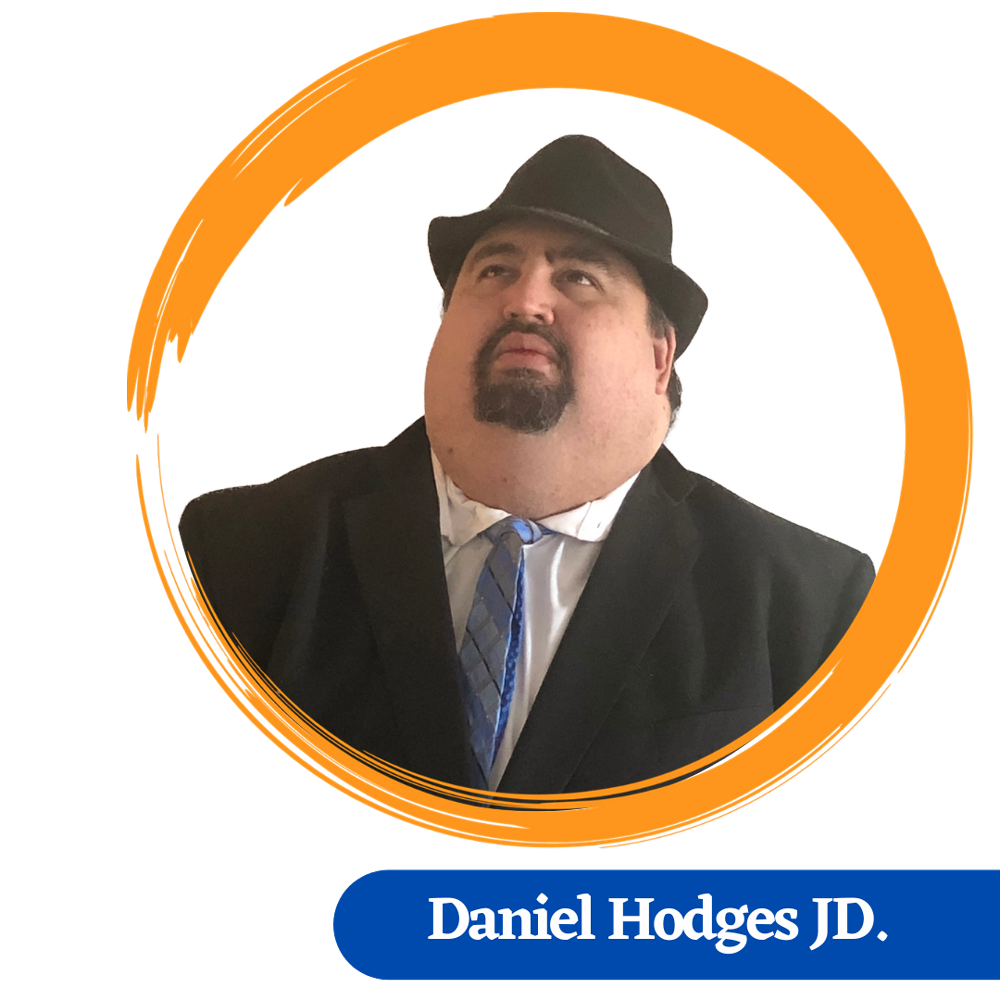 Daniel Hodges headshot, wearing a black fedora hat with a black suit and blue tie, surrounded by a painted yellow circle with a blue name tag below.